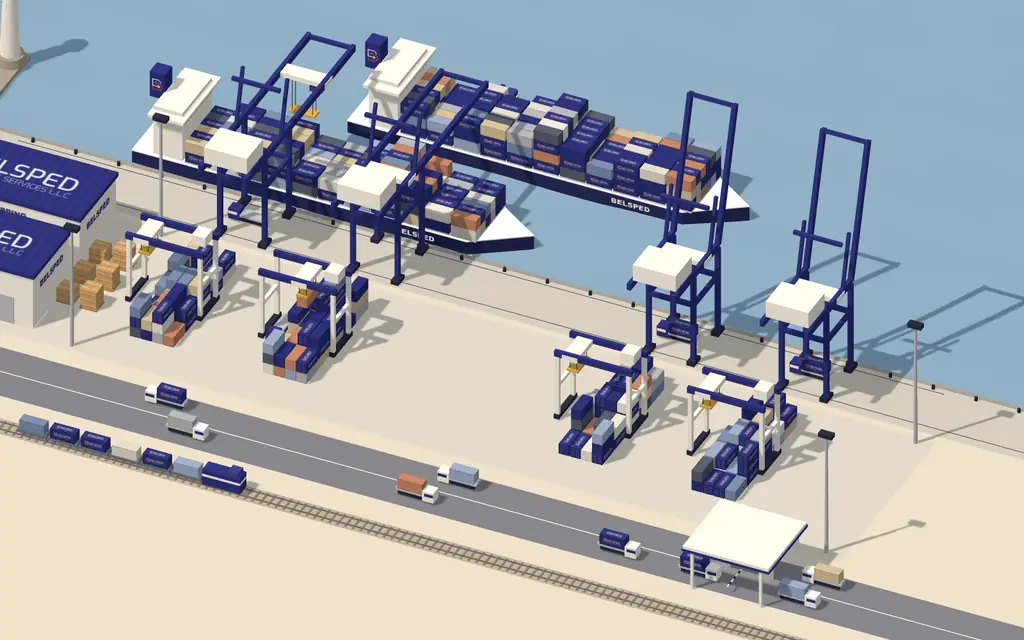 3D model of a container port with Belsped ships, cranes, Belsped containers, trucks and a container train