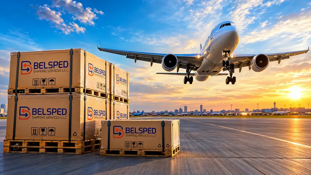 Cargo plane taking off at sunset over pallets of Belsped Shipping air cargo crates on the runway
