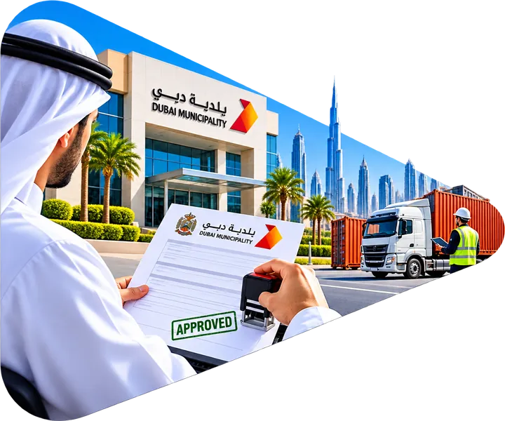 Dubai Municipality approval stamped on a document for imported goods, with a cargo truck in Dubai