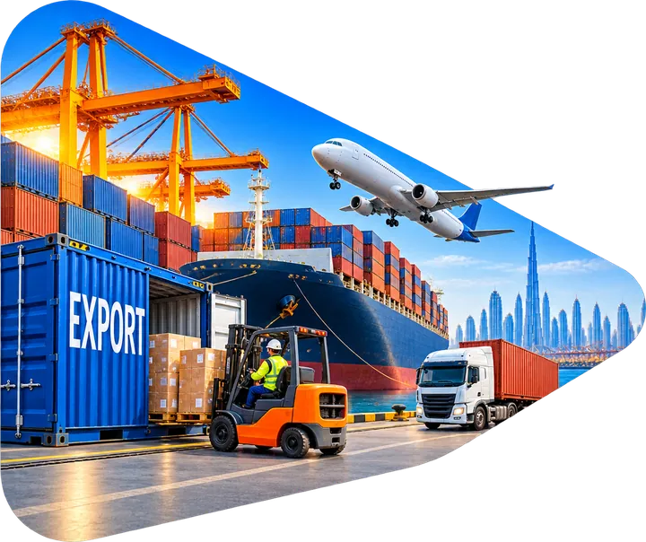 Export container loaded by forklift at a Dubai port, with a ship and a cargo plane