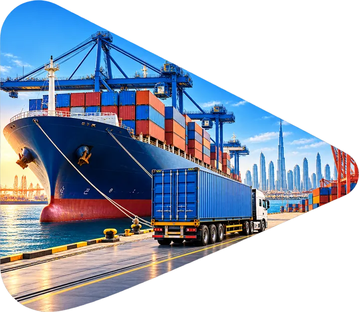 Container ship and truck at a Dubai port for global shipping