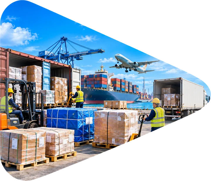 Ground cargo handling with forklifts, pallets and trucks at a Dubai logistics hub