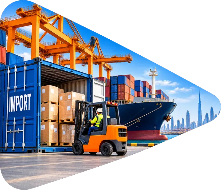 Imported cartons unloaded from a container by forklift at a Dubai port