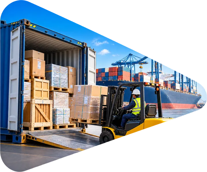 Forklift loading LCL cargo into a shipping container