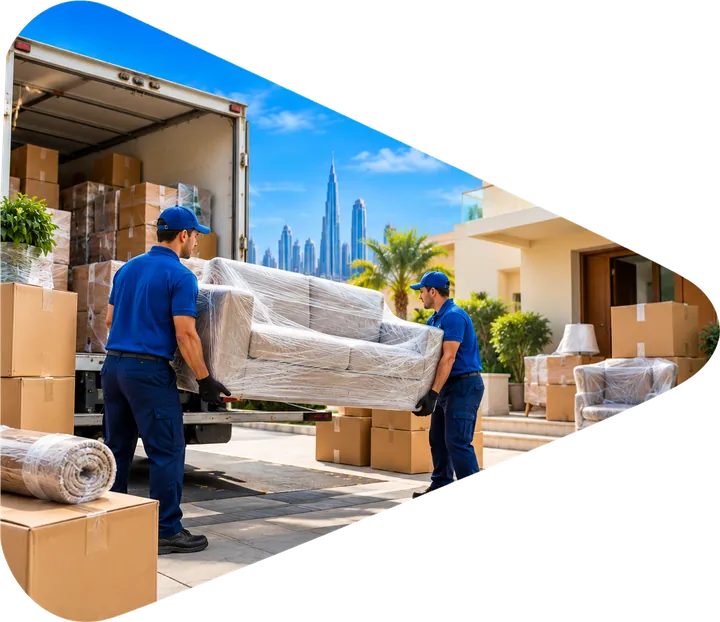 Movers carrying wrapped furniture to a removal truck in Dubai