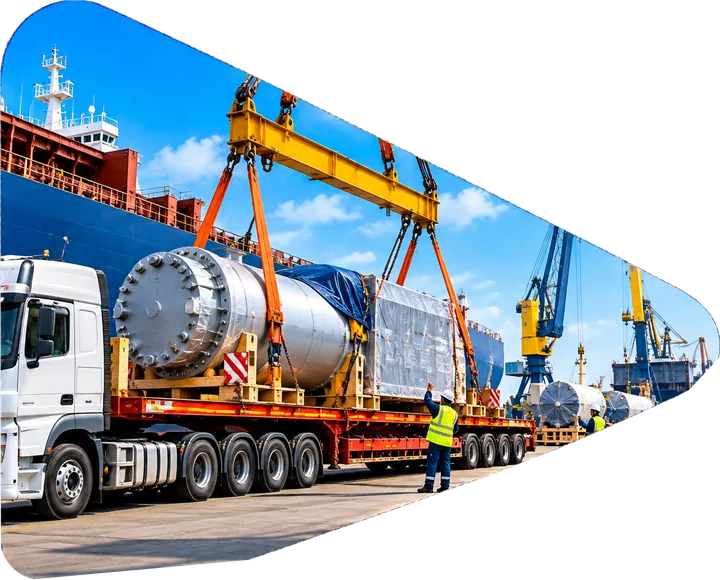 Heavy-lift project cargo being loaded onto a trailer at the port