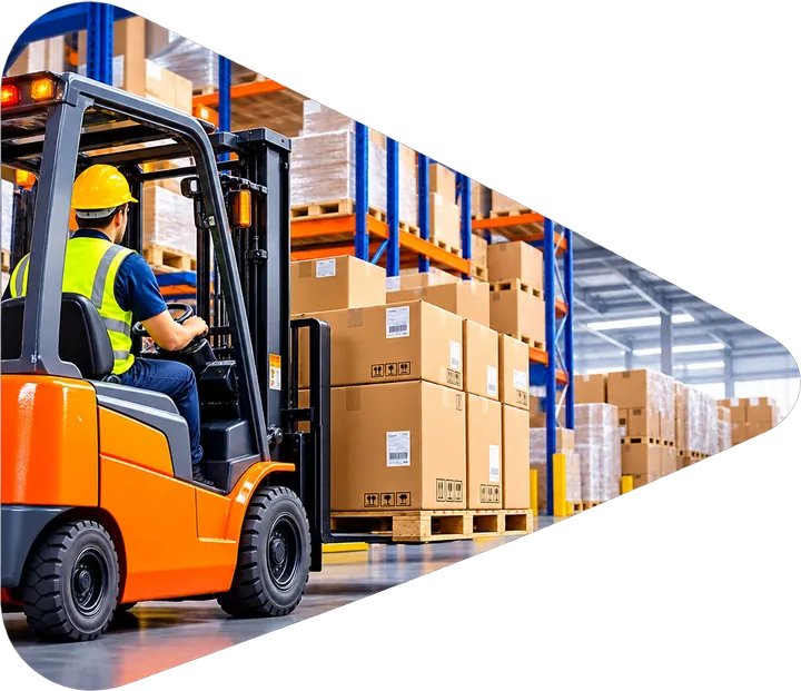 Forklift storing palletised cartons on racks in a Dubai warehouse